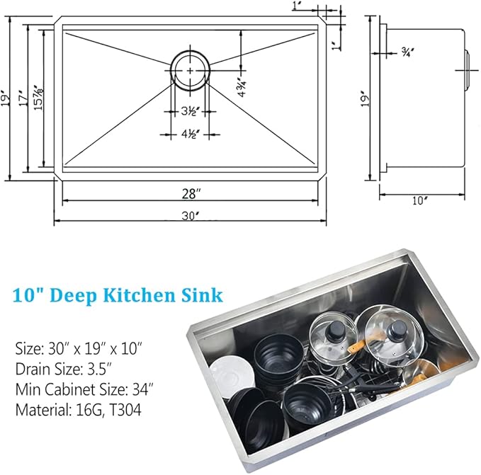 30 Inch Undermount Kitchen Sink Stainless Steel, 30 x 19 Inch Single Bowl Undermount Workstation Sink 10 Inch Deep Commercial 16 Gauge Stainless Steel