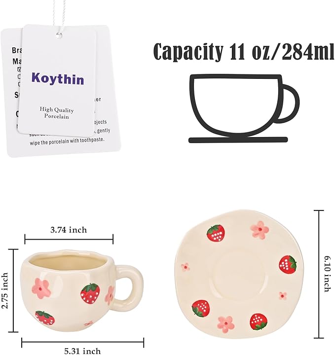 Koythin Ceramic Coffee Mug with Saucer Set, Cute Strawberry Flower Cup Unique Irregular Design for Office and Home, 10 oz/300 ml for Latte Tea Milk