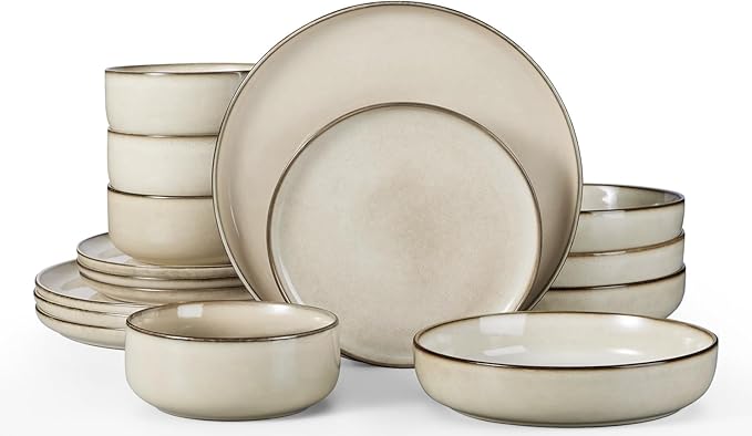 Herogo Dinnerware Sets with Pasta Bowls, 16 Piece Plates and Bowls Set for 4, Modern Stoneware Dinner Dishes for Kitchen Dinning, Dishwasher & Microwave Safe, Cream Khaki