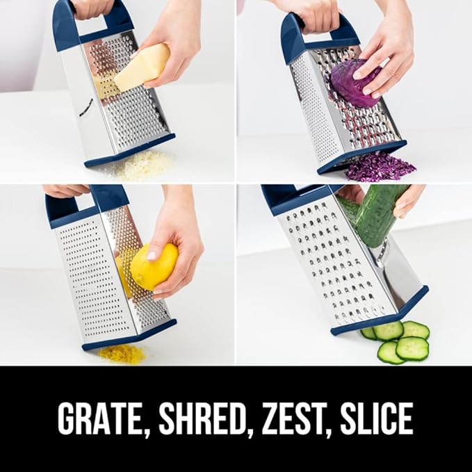 GORILLA GRIP 4-Sided 100% BPA-Free Cheese Grater With Container, Stainless Steel XL Box Graters, Parmesan Shredder, Grate Cheeses, Shred Veggies, Slip Resistant Handle, Dishwasher Safe Zester, Blue