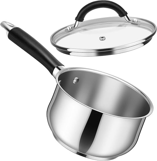 P&P CHEF 2 Quart Sauce Pan with Lid, Stainless Steel Saucepan, Small Milk Pot for Multipurpose Cooking, Visible Glass Lid & Stay-cool Silicone Handle & Tri-Ply Base, For All Stoves & Dishwasher Use