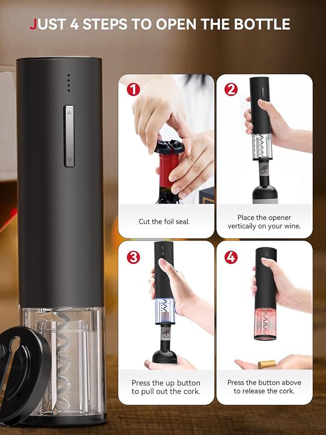 Rechargeable Electric Wine Gift Set - Aerator, Vacuum Stoppers, Foil Cutter and Bottle Opener for Home Bar and Outdoor Parties (Black)