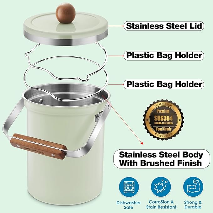Kitchen Countertop Compost Bin 101Ounces / 3Liter with Airtight Lid, SUS304 Stainless Steel Odor-Free Food Waste Bin with Wooden Handle Stylish Design/Bathroon Trash Can (Mint Green)