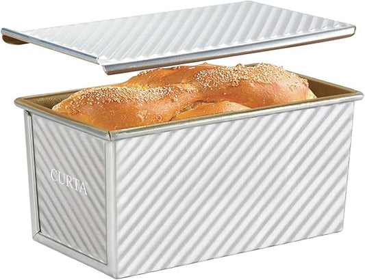 CURTA Commercial Pullman Loaf Pan with Lid 1 lb Dough Capacity Non-Stick Bakeware for Baking Bread, Corrugated Bread Bread loaf pan, Single Sided Silver 1pcs