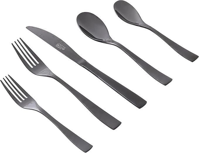 Gibson Elite Holland Road 20-Piece Flatware Silverware Set - Stainless Steel Utensils - Forks, Spoons, Knives -Service for 4 - Black