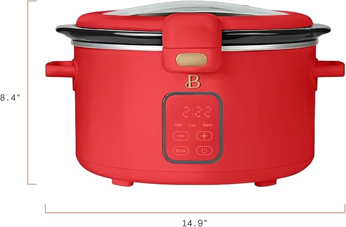 Beautiful 4-Qt Programmable Slow Cooker with Hinged Locking Lid & Touch Display – 3 Heat / 4 Timer Settings (Tomato Red)