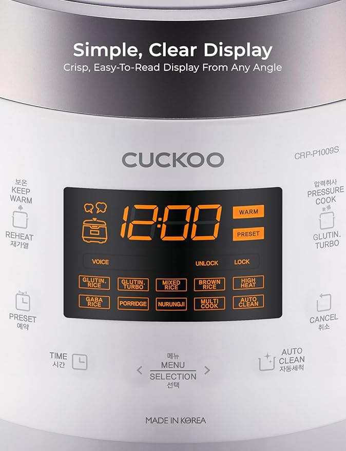 CUCKOO High Pressure Rice Cooker 10-Cup Uncooked / 20-Cup Cooked with Nonstick Inner Pot, Large Rice Maker with 13 Menu Options and Steam Plate, Fuzzy Logic Tech, Voice Guide, White (CRP-P1009SW)