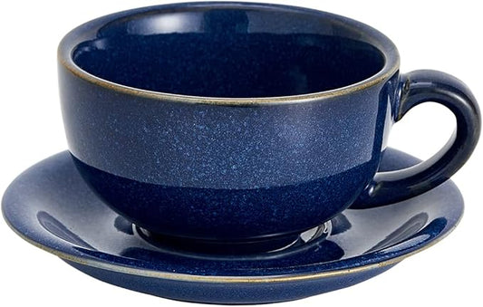 Vintage Design 12 oz Ceramic Latte Art Cappuccino Barista Cup with Saucer (Dark Blue)