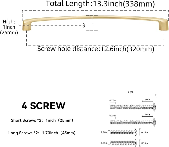 10 Pack 12-3/5 Inch(320mm) Kitchen Cabinet Handles Brushed Brass Cabinet Pulls Zinc Alloy Drawer Pulls Solid Kitchen Hardware