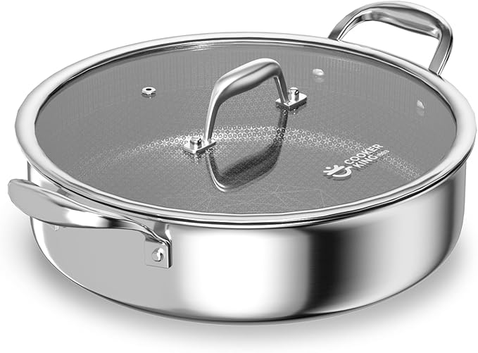 COOKER KING 5QT Stainless Steel Saute Pan with Lid, Hybrid Nonstick Deep Saute Pan, Chicken Fryer, Tri-Ply Clad Even Heat Distribution, Dishwasher-Friendly,Oven Safe to 500°F, Induction Compatible