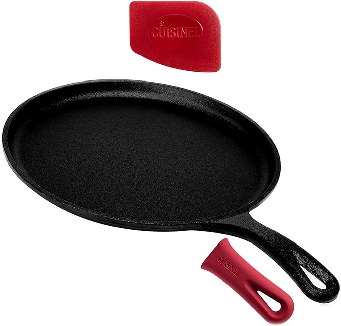 Cuisinel Cast Iron Round Griddle - 10.5”-Inch Crepe Maker Pan + Silicone Handle Cover - Pre-Seasoned Comal for Tortillas Flat Skillet - Dosa Tawa Roti Grill - Oven, Stovetop, BBQ and Induction Safe