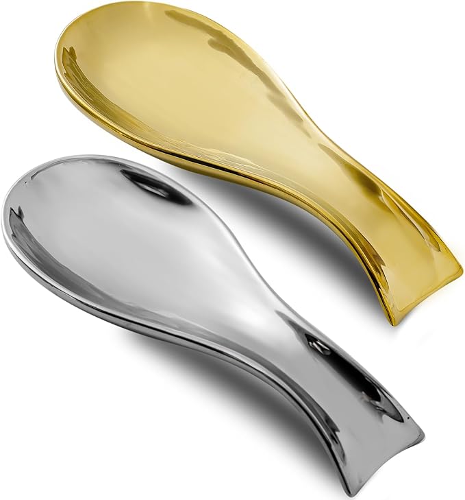 Hasense Ceramic Spoon Rest Set of 2 for Stove Top, Porcelain Spoon Holder for Kitchen Counter Cooking Utensil Home Decor, Kitchen Spatula Holders for Spoons, Ladles and Tongs, Gold and Silver