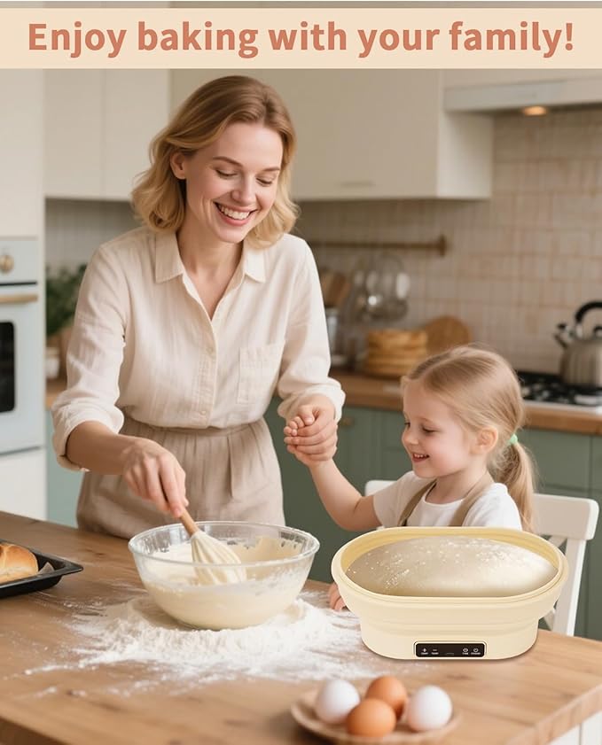 2L Heating Bread Proofing Basket Set Foldable Thermostatic Silicone Bowl with 77-122℉ 6 Gears Temperature & 6H Timer, for Artisan Baking Sourdough Starter Bread Making Supplies Tools Kit