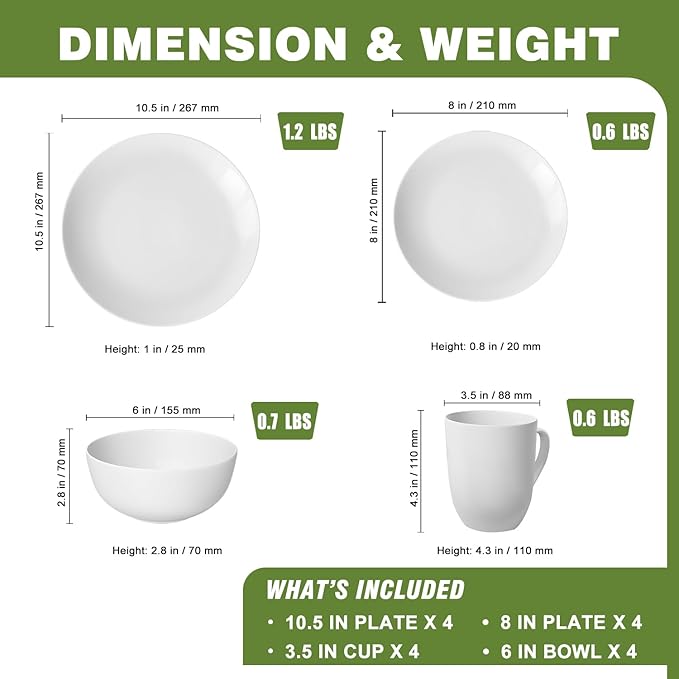 Yoshy 16-Piece White Bone China Dinnerware with Lightweight Durable Chip Resistant Design Service for 4