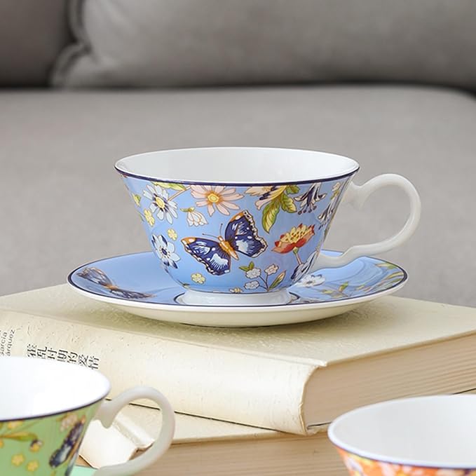 Aynsley Cottage Garden Windsor Fine Bone China English Tea Cup and Saucer Set, 7.4 oz(Blue)