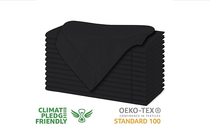 Urban Villa Cloth Napkins Set of 12 20x20 Inches 100% Cotton Hemstitch Napkins Cloth Washable Durable Reusable Absorbent Table Dinner Napkins Cloth for Hotel Lunch Restaurant Weddings Parties – Black