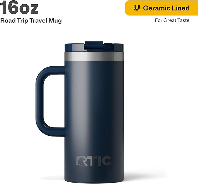 RTIC 16oz Road Trip Travel Mug with Lid and Handle, Ceramic Lined, Insulated, Stainless Steel, Metal, Double Wall Vacuum-Insulation, Portable Coffee, Tea Cup for Hot and Cold Drink, Navy
