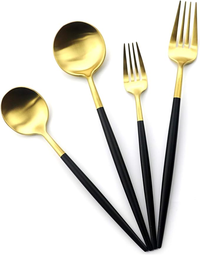 Gugrida 20-Piece Matte Gold & Black Handle 18/10 Stainless Steel Flatware Set, Titanium Cutlery for Home & Restaurant, Dishwasher Safe