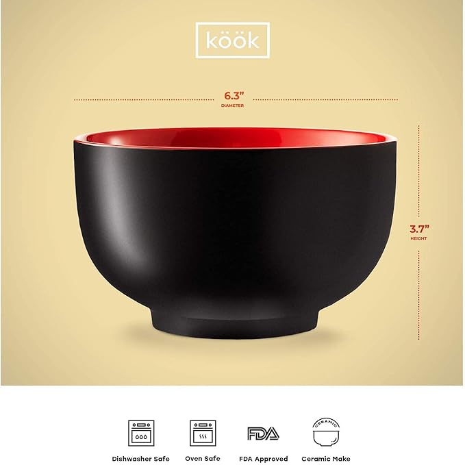 KooK Ramen Bowl, Japanese Bowls, Noodle Bowls, Large Soup Bowl, Ceramic, Large Capacity, For Ramen, Pho, Udon, Soba, Microwave and Dishwasher Safe, 34 oz, Set of 4 (Black/Red)