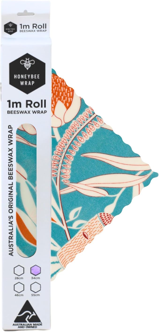 Honeybee Beeswax Wraps - Banksia Pattern Beeswax Roll -Certified Organic Cotton Beeswax Wrap - Reusable Beeswax Wrap for Food - Plastic Wrap & Sandwich Bags Alternative - 40’’ x 13’’