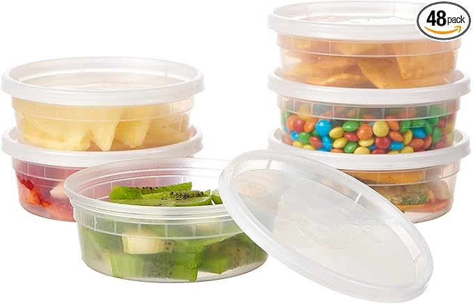 [48Set-8oz] Plastic Deli Food Storage Containers With Lids Disposable Clear Small Togo Jars Bowls For Soup, Meal Prep, Slime | BPA Free | Stackable | Leakproof | Microwave | Dishwasher | Freezer Safe