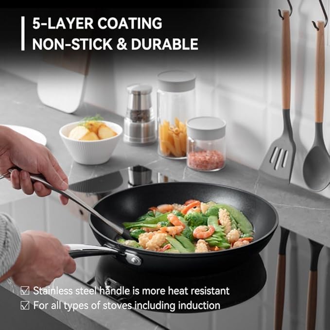 Frying Pan 8 Inch, Nonstick Frying Pan for Induction, 5-Ply Non Toxic Skillet with Stainless Steel Handle, Hard Anodised Aluminum Cookware, Oven Proof, Suitable for All Hobs