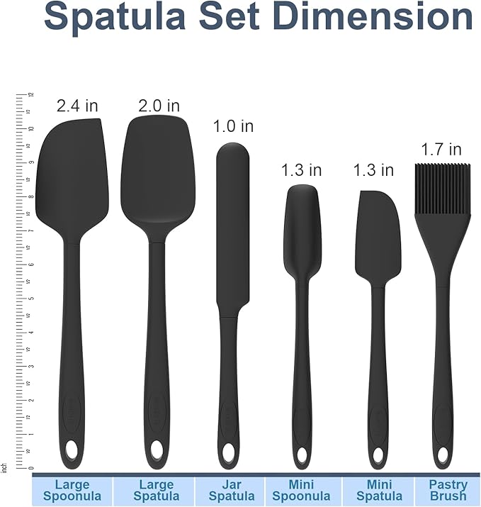 Silicone Spatula Set, 6 Pieces Food Grade Kitchen Utensils with Silicone Brush Heat Resistant Dishwasher Safe BPA-free Rubber Spatula for Scraping, Baking, Cooking, Mixing (Black)