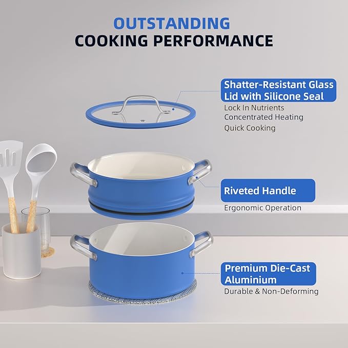 15 Pcs Pots and Pans Set Non Stick, Ceramic Cookware Set with Steamer, Non-Toxic Kitchen Cooking Set with Stay-Cool Ergonomic Handles, Oven & Dishwasher Safe, PFOS & PFOA Free (Cobalt Blue)