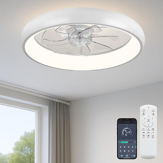 20'' Ceiling Fan with Light, Upgraded Low Profile Fan, Flush Mount Ceiling Fan, 6 Speeds, Dimmable LED, App & Remote Control, Quiet DC Motor, For Bedroom, Living Room, F109 White