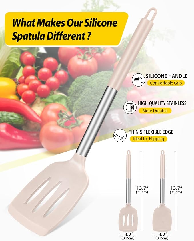 Pack of 2 Silicone Solid Turner, Non Stick Slotted Kitchen Spatulas, High Heat Resistant BPA Free Cooking Utensils, Ideal Cookware for Fish, Eggs, Pancakes(Stainless Steel Khaki)