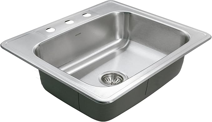 Houzer Glowtone Stainless Steel Kitchen Sink - 25 Inch Drop-In Topmount 3-Hole Single Bowl Sink, Durable & Versatile, Essential for Home & Apartment, Nested 36-Pack - 2522-8BS3-36