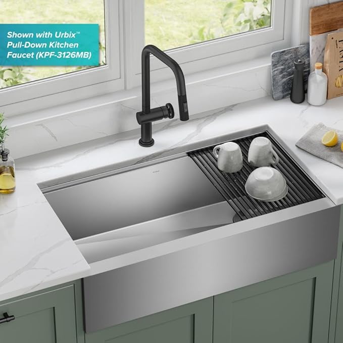 KRAUS Kore 36-Inch Farmhouse Workstation 16 Gauge Single Bowl Stainless Steel Kitchen Sink with Accessories, KWF210-36