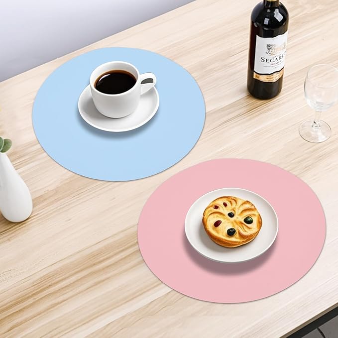 Round Faux Leather Placemats Set of 6,Reversible PU Placemat for Dining Table,Waterproof Table Mats Heat Resistant Wipeable Anti Slip Washable,Modern Table Protectors(Pink and Blue)