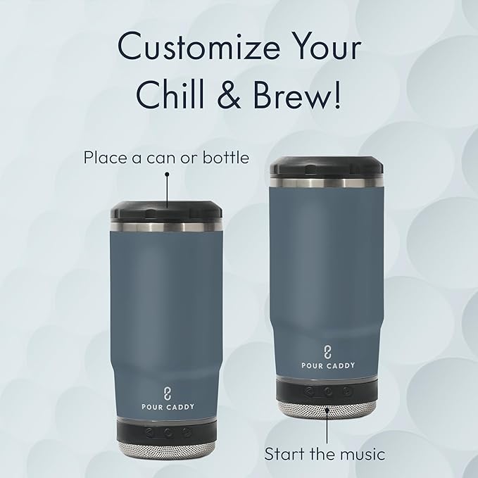 Chill & Brew, Insulated Can & Bottle Holder, Bluetooth Cup with Speaker, Fits 12 oz Cans, Skinny Cans, Most Bottles & Cold Drinks, Gray