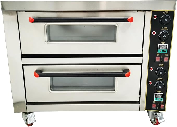 220V Commercial Pizza Oven 6.4KW Single Phase Stainless Steel Double-Deck 2 Baking Sheets Countertop Electric Movable Pizza Oven with Universal Wheels for Commercial Use