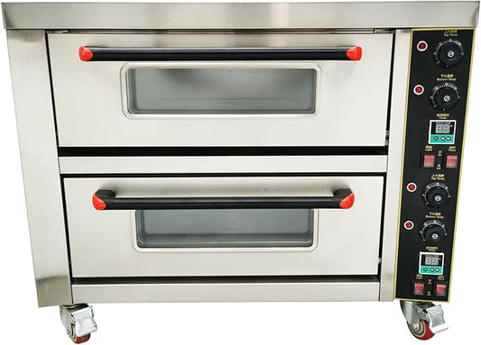 220V Commercial Pizza Oven 6.4KW Single Phase Stainless Steel Double-Deck 2 Baking Sheets Countertop Electric Movable Pizza Oven with Universal Wheels for Commercial Use