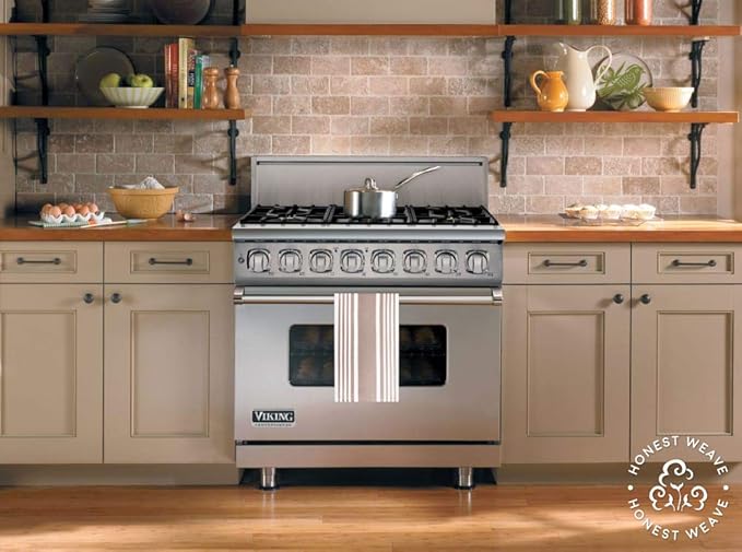 GOTS Certified Organic Cotton Kitchen Hand and Dish Towel Sets - Oversized 20x30 inches, Fully Hemmed, in Designer Colors, 6-Pack, Sand Stripe