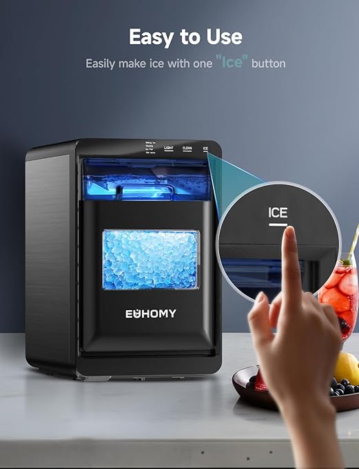 EUHOMY Nugget Ice Maker Countertop, 44Lbs/24H Pebble Ice Maker Machine, Self-Cleaning Pellet Ice Machine with Ice Scoop&Basket, Sonic Countertop Ice Machine for Home/Kitchen/Office(Black)