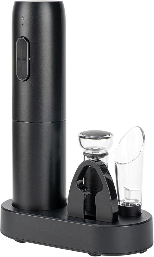 Electric Wine Opener Set with Charging Base, Rechargeable Automatic Corkscrew Bottle Opener with Pour, Preserver Vacuum Stopper, Foil Cutter, USB Charging Cable