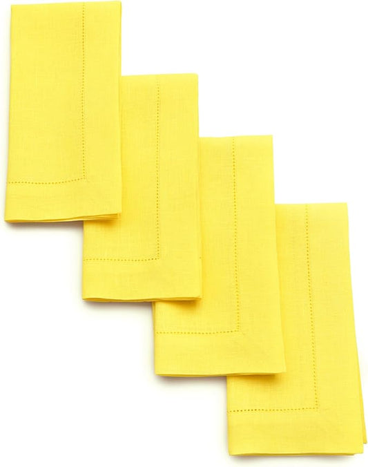 Solino Home Sunshine Yellow Linen Napkins Set of 4-100% Pure Linen Hemstitch Dinner Napkins 20 x 20 Inch - Classic Hemstitch