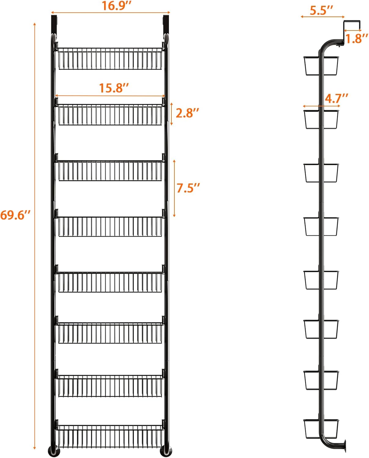 MIAOLI Over the Door Pantry Organizers and Storage, 8-Tier Spice Rack, Home & Kitchen Storage Shelves for Cabinet, Large Capacity Hanging Seasoning Organizer, Laundry Room Organization, Black