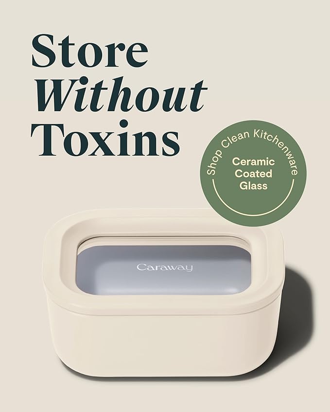 Caraway 2pc Glass Food Storage Set - 2.6 Cup Food Containers (2) - Non-Toxic Ceramic-Coated Glass - Air Release Technology - Compact & Stackable Design - Cream