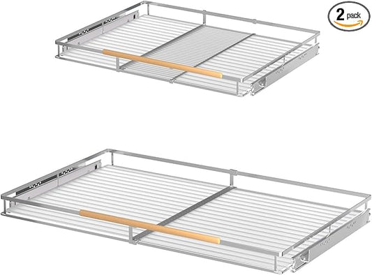 Expandable Pull Out Drawer Cabinet Organizers, Heavy Duty Slide Out Storage Shelf for Home Kitchen Pantry Cupboard Pots Pans, Adjustable Width from 12.1"~18.4", Stainless Steel 2 Pack