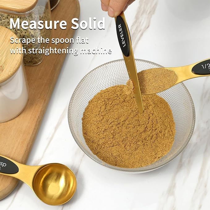 Gold Magnetic Measuring Spoons Set – Stainless Steel Stackable Spoons with Leveler, Fits in Spice Jars – Baking & Kitchen Essentials