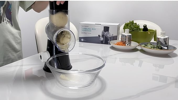 Rotary Cheese Grater Hand Crank, Grater For Kitchen With Reinforced Suction - Rotary Cheese Grater With 3 Replaceable Stainless Steel Blades - Easy to Use & Clean - Vegetable Cutter (Black)