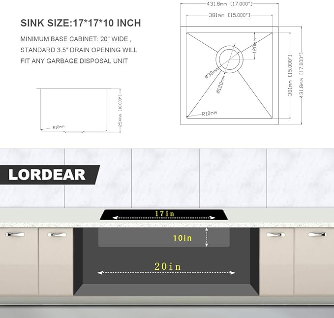 Lordear Undermount Bar Sink 17 Inch Deep Single Bowl 16 Gauge Stainless Steel Under Counter Square Kitchen Bar Prep RV Camper Outdoor Handmade Sink Basin