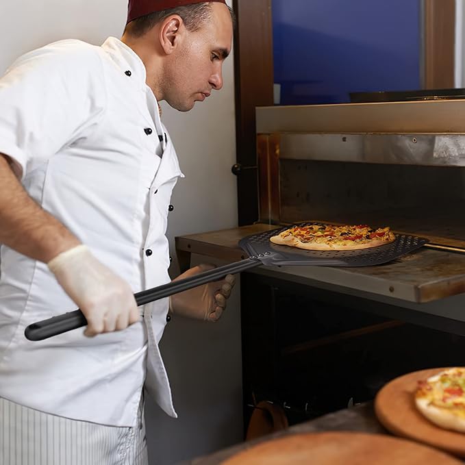 14" Perforated Pizza Peel, 14" x 16" Lightweight Aluminum Pizza Turning Peel, Commercial Pizza Paddle, 34 Inch Overall