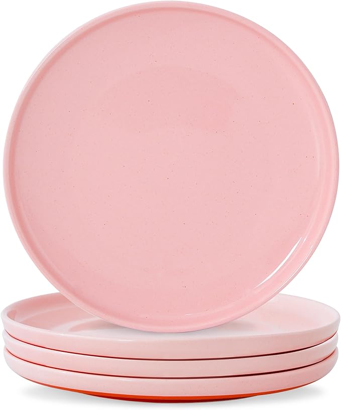 Stoneware Dinner Plates Set of 4, 10.25 Inch Plates for Steak, Pasta, Ceramic Plates Sets, Microwave Safe, Dishwasher Safe, Versatile for All Seasons, Pink