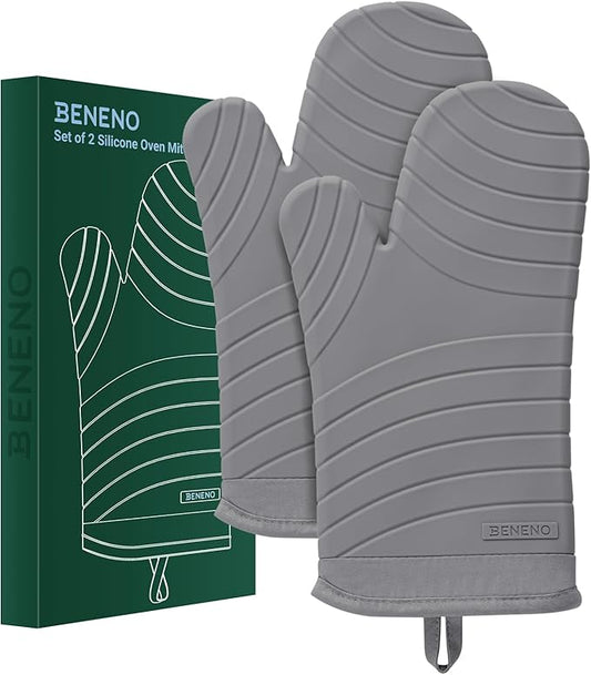 Beneno Premium Silicone Oven Mitts 2-Pack Heat Resistant 500°F, Soft Flexible Non-Slip Grips, BPA-Free & Waterproof Oven Mitts with Comfortable Cotton Lining for Baking, Grilling, Cooking, 7"x13" Gray