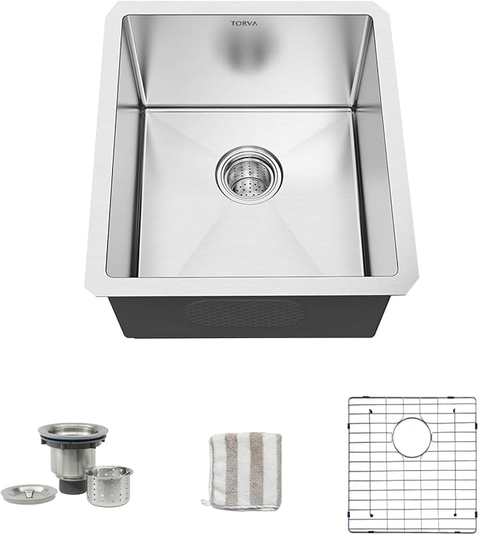 TORVA 13 x 15 Inch Undermount Kitchen Sink, Premium 304 Stainless Steel Bar Sink - 8 Inches Deep Basin Single Bowl Sink